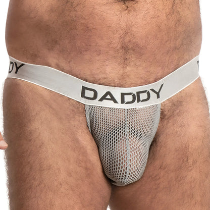 Gray mesh daddy dde040 jockstrap briefs with solid gray waistband and bold black daddy lettering