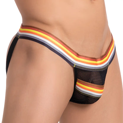 Black mesh daddy dde042 jockstrap briefs with colorful striped waistband and orange yellow white navy leg openings