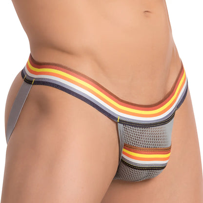 Gray mesh Daddy DDE042 jockstrap briefs with a colorful striped waistband in orange yellow white and navy blue
