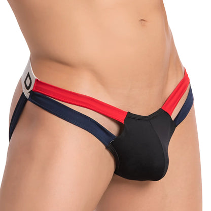 Daddy dde043 jockstrap athletic briefs with bold black red and navy color block design for active wear