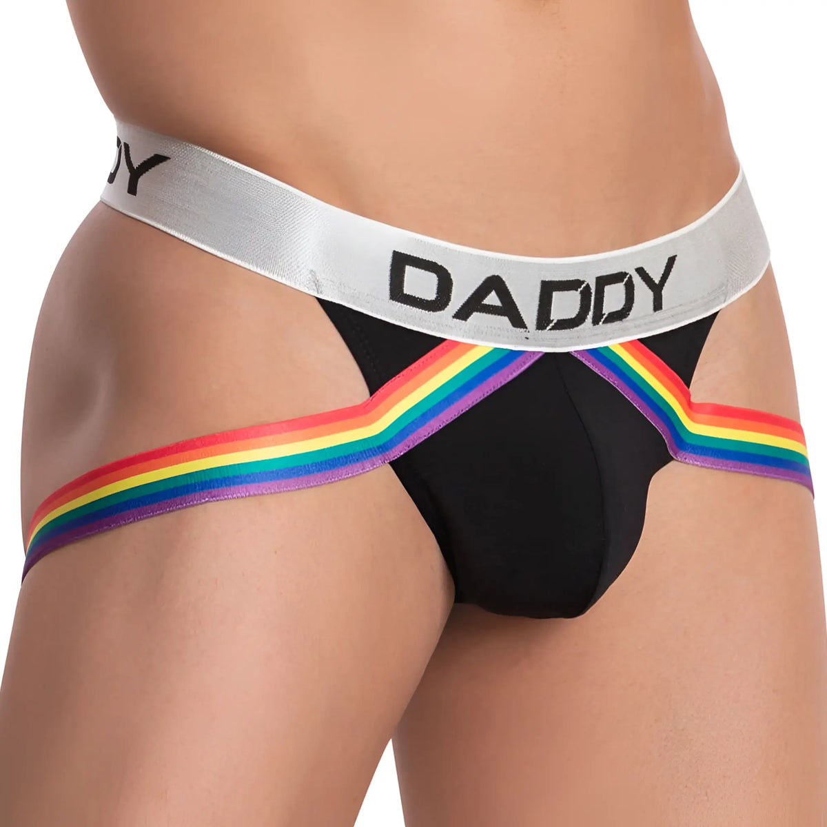 Black menâ€™s briefs daddy dde045 jockstrap with silver waistband daddy lettering and rainbow trim along the sides