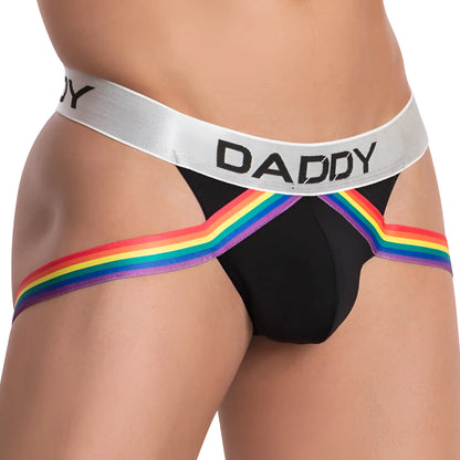 Black menâ€™s briefs daddy dde045 jockstrap with silver waistband daddy lettering and rainbow trim along the sides