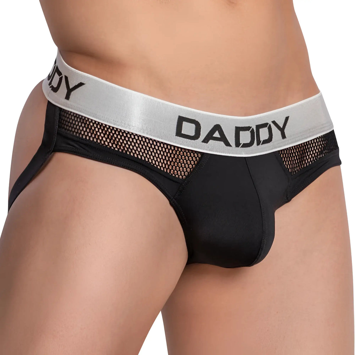 Black daddy brand briefs daddy dde047 jockstrap with silver waistband and mesh side panels for breathable support