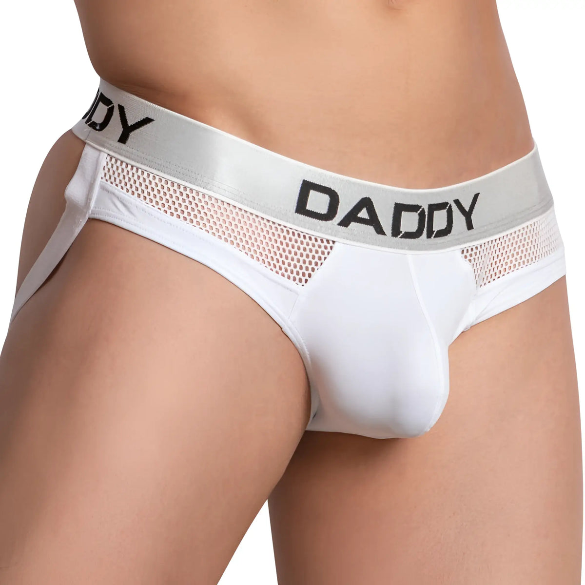 White menâ€™s briefs with a silver mesh waistband featuring the word daddy in black lettering from Daddy DDE047 Jockstrap