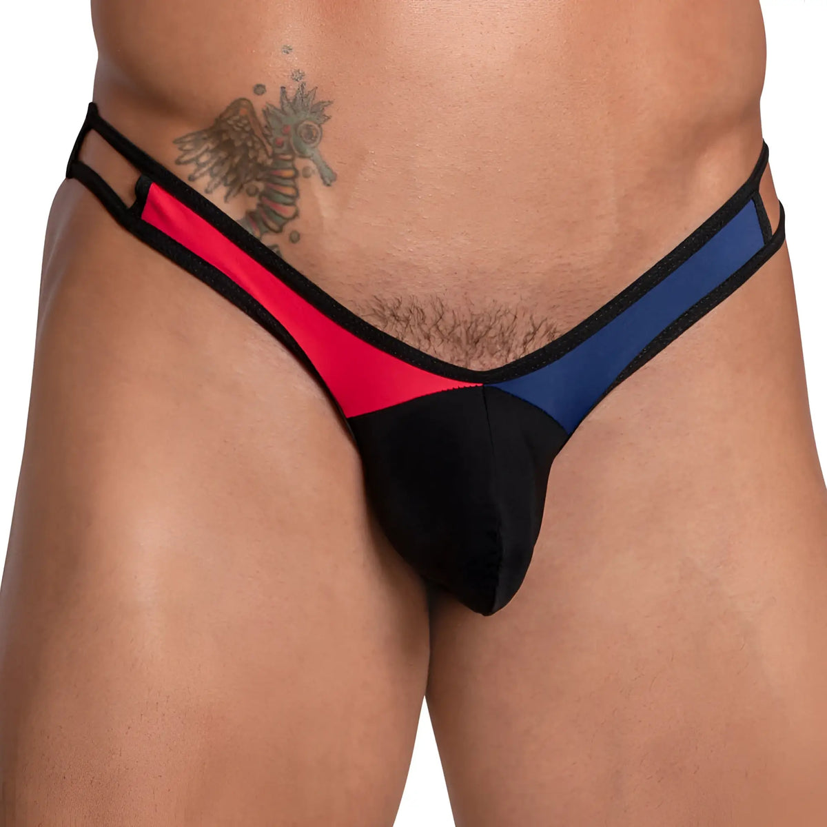 Daddy dde050 jockstrap thong in black red and blue color block with sleek modern design showing back side