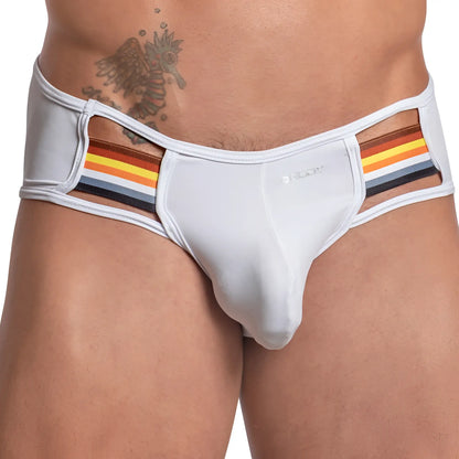 White mens briefs daddy dde051 jockstrap with rainbow striped side panels and subtle d box logo on front