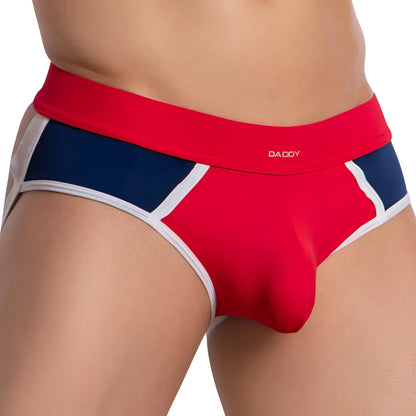 Daddy dde053 jockstrap menâ€™s briefs with red navy blue and white stripes and a contoured design
