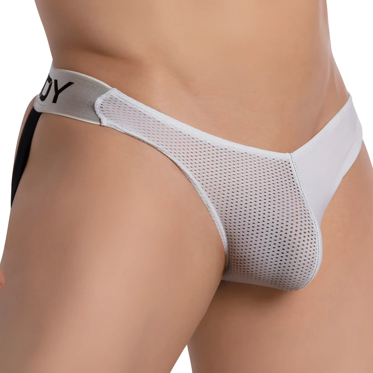 White mesh thong jockstrap with gray waistband featuring black lettering in daddy dde054 design