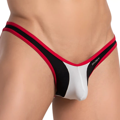 Daddy DDE055 jockstrap with a glossy finish in white with black and red trim by Daddy brand