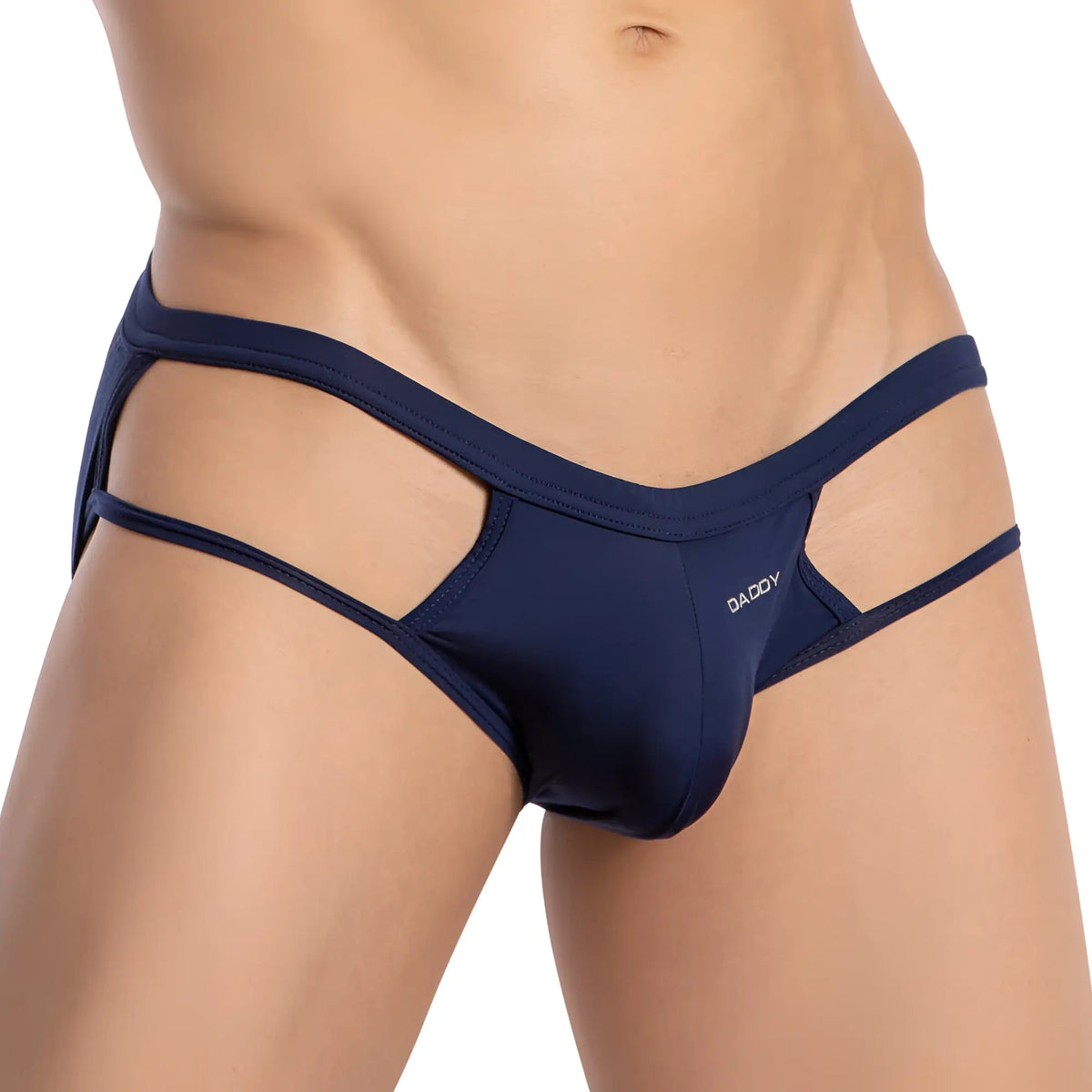Navy blue daddy brand menâ€™s briefs with a cut-out design in breathable fabric for supportive wear