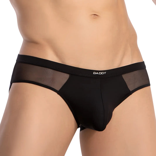 Black daddy brand menâ€™s briefs with sheer mesh side panels in the daddy dde060 jockstrap design