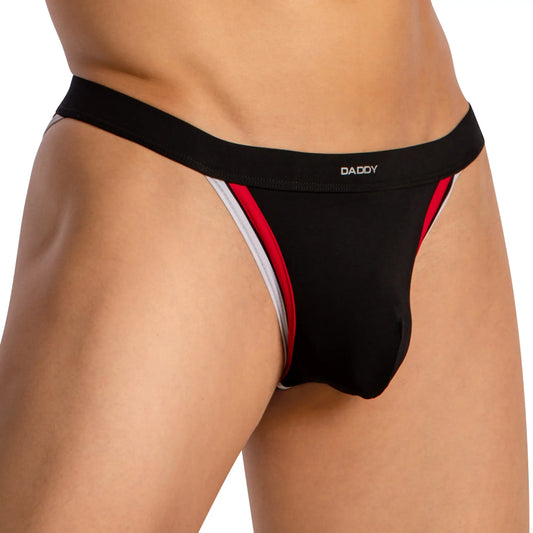 Black daddy brand thong jockstrap with red and white trim showing the back side of the Daddy DDE062 design