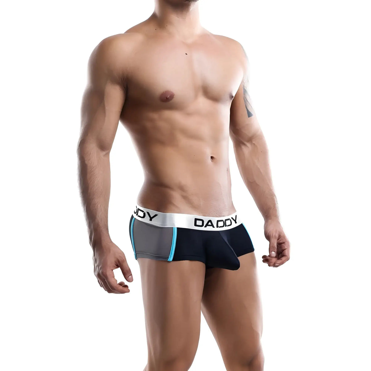Black and gray daddy ddg003 boxer trunk with white waistband and light blue side trim for comfortable support