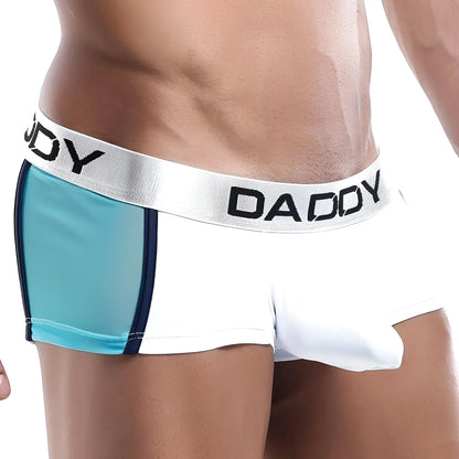 White and teal daddy ddg003 boxer trunk briefs with silver waistband and black daddy lettering for athletic wear