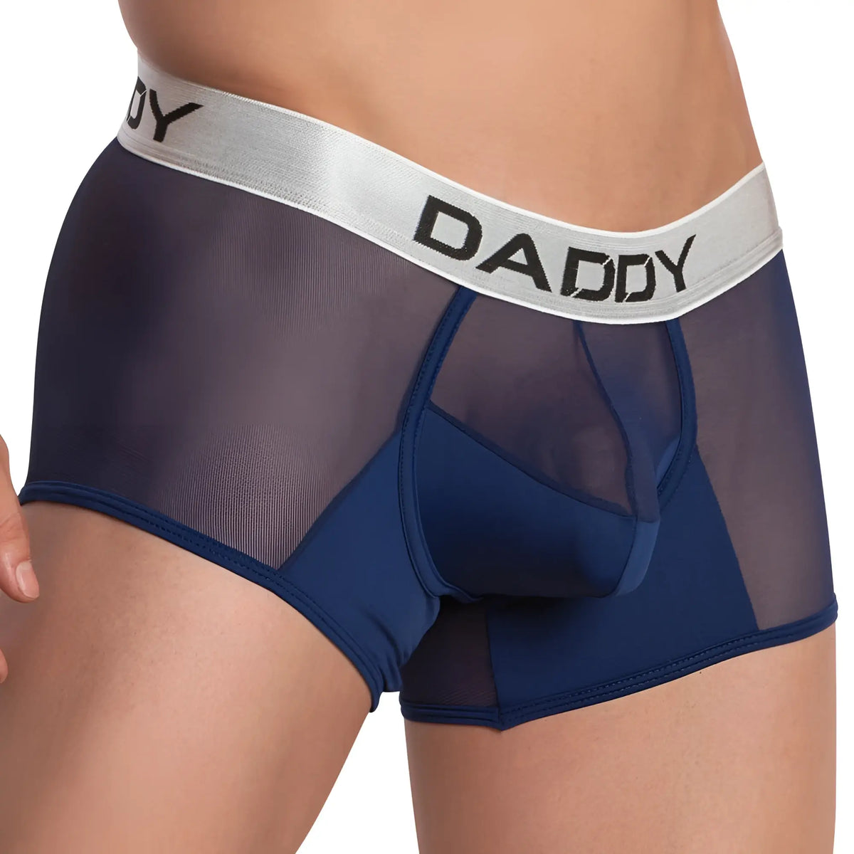 Navy blue sheer mesh daddy DDG006 jockstrap briefs with silver waistband and black daddy lettering