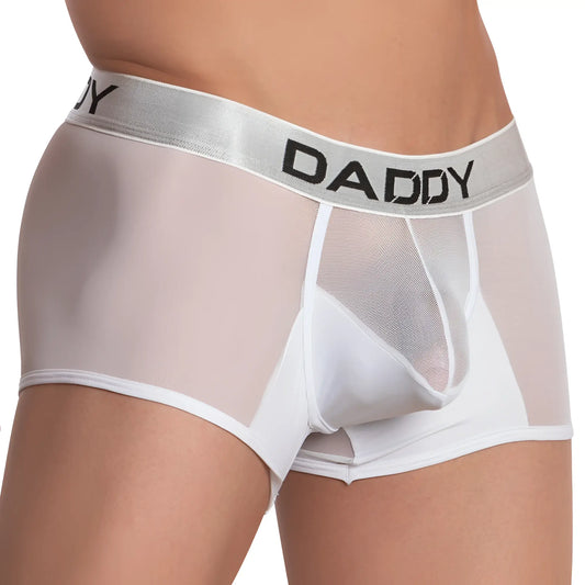 White mesh boxer briefs with silver waistband featuring daddy in black lettering from daddy ddg006 jockstrap collection