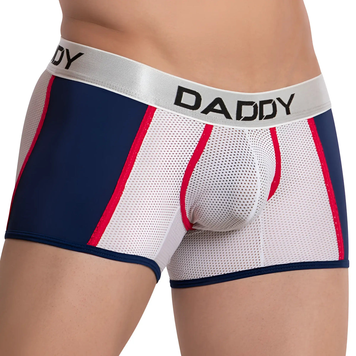 Navy blue and white mesh daddy ddg007 boxer brief with red trim and silver waistband featuring black lettering