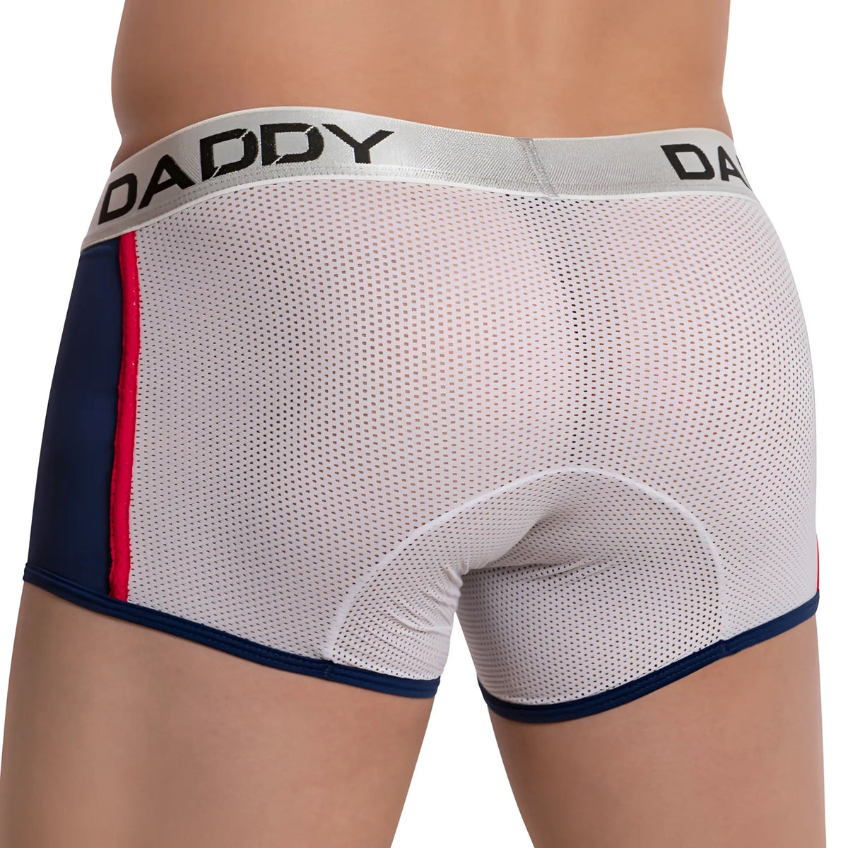 White mesh daddy ddg007 boxer briefs with navy side panels red stripe and silver waistband branding