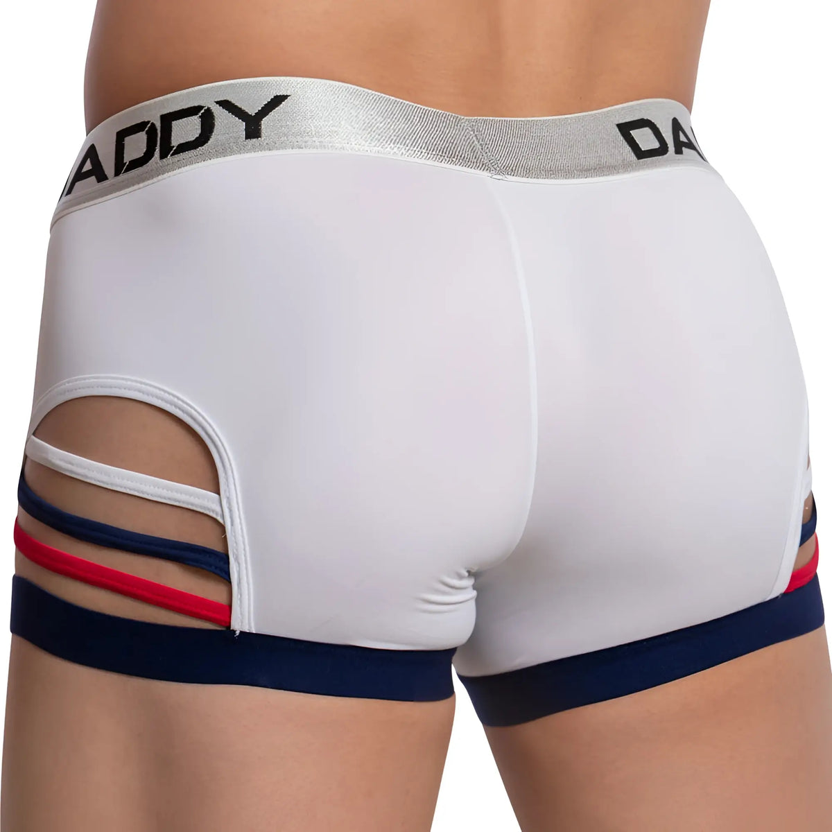 White daddy brand daddy ddg008 boxer trunk briefs with silver waistband navy trim and red white dark blue stripes
