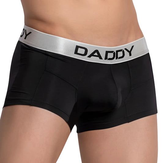 Black menâ€™s boxer briefs daddy ddg009 with silver waistband and bold black lettering for comfortable everyday wear