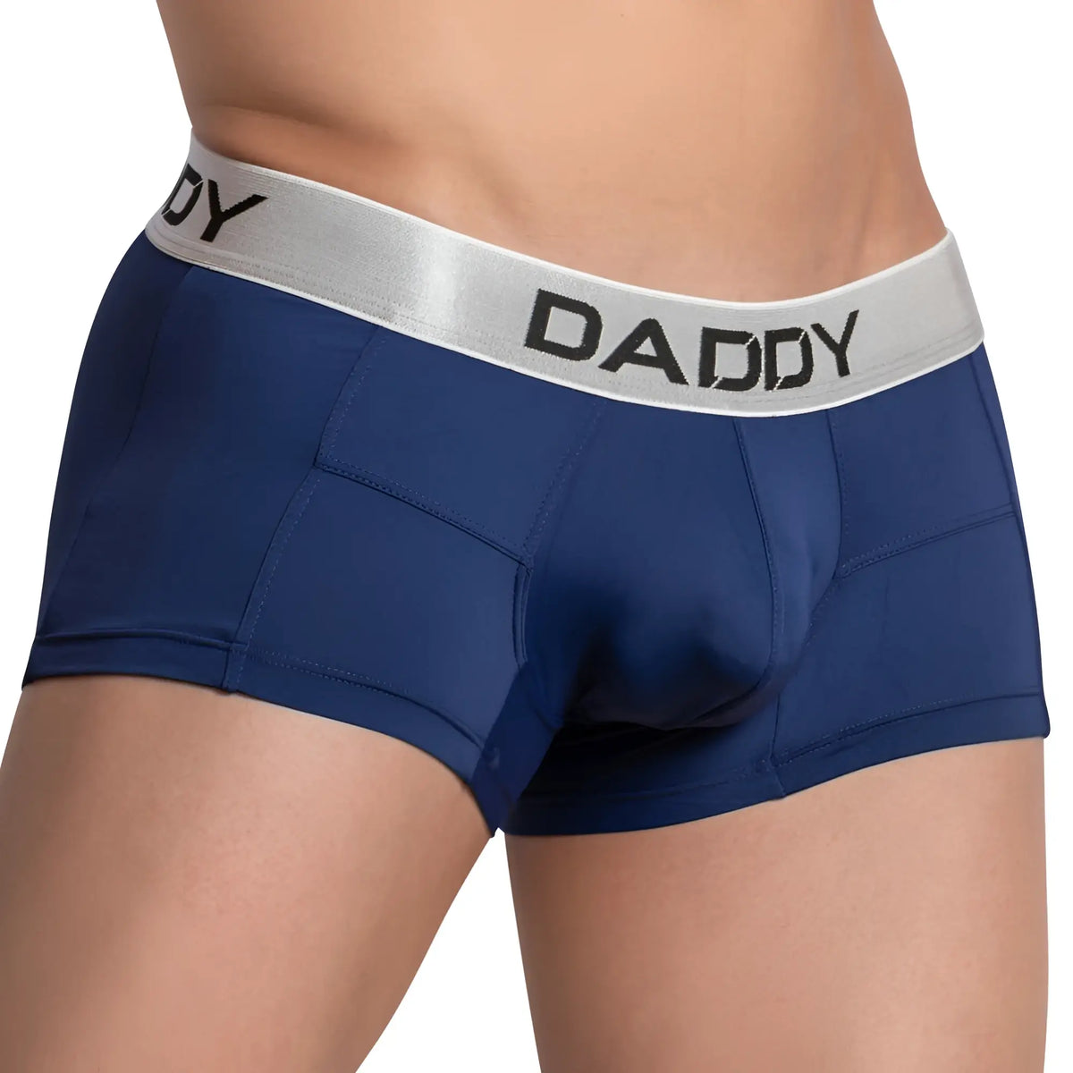 Navy blue daddy ddg009 boxer briefs with a silver waistband featuring black lettering for comfortable daily wear