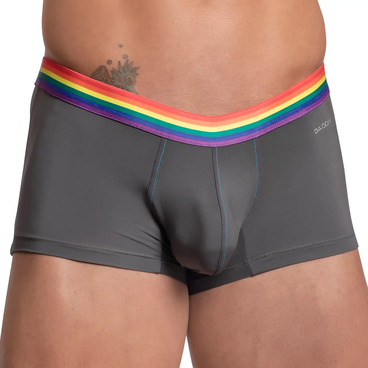Gray daddy ddg011 boxer briefs with vibrant rainbow elastic waistband and subtle blue stitching visible from the front