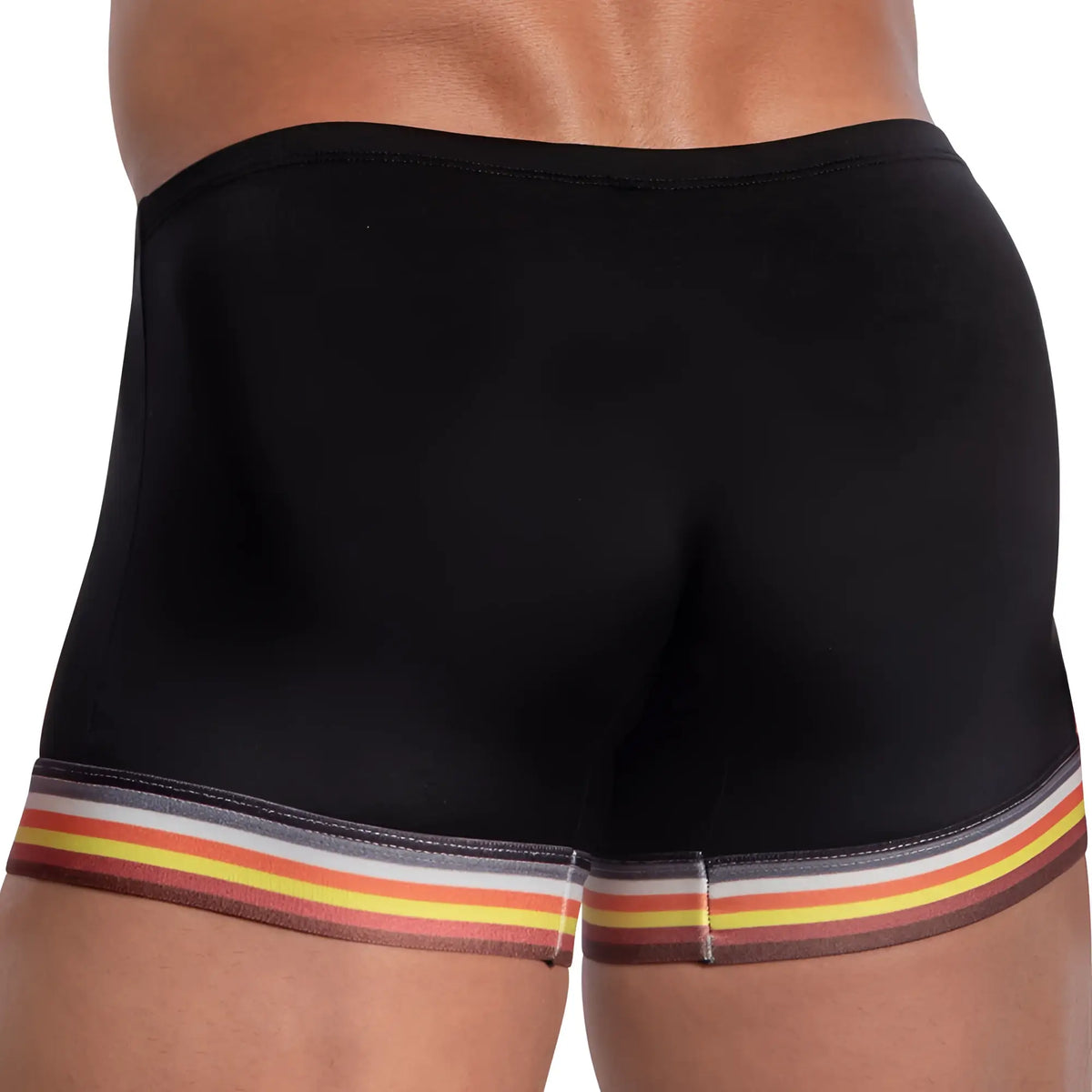 Black mens briefs daddy ddg012 boxer trunk with colorful orange yellow gray and brown striped waistband