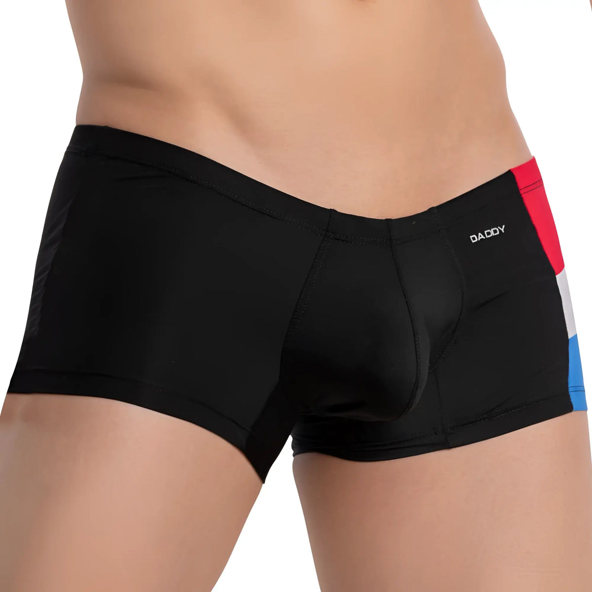 Black daddy brand briefs with bold red white and blue striped side panel daddy ddg013 boxer trunk design