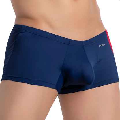 Navy blue daddy brand swim trunks with a red side stripe in daddy ddg013 boxer trunk style
