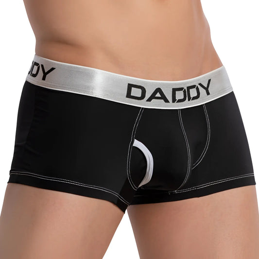 Black menâ€™s boxer briefs daddy DDG014 with silver waistband bold black lettering and white stitching along seams