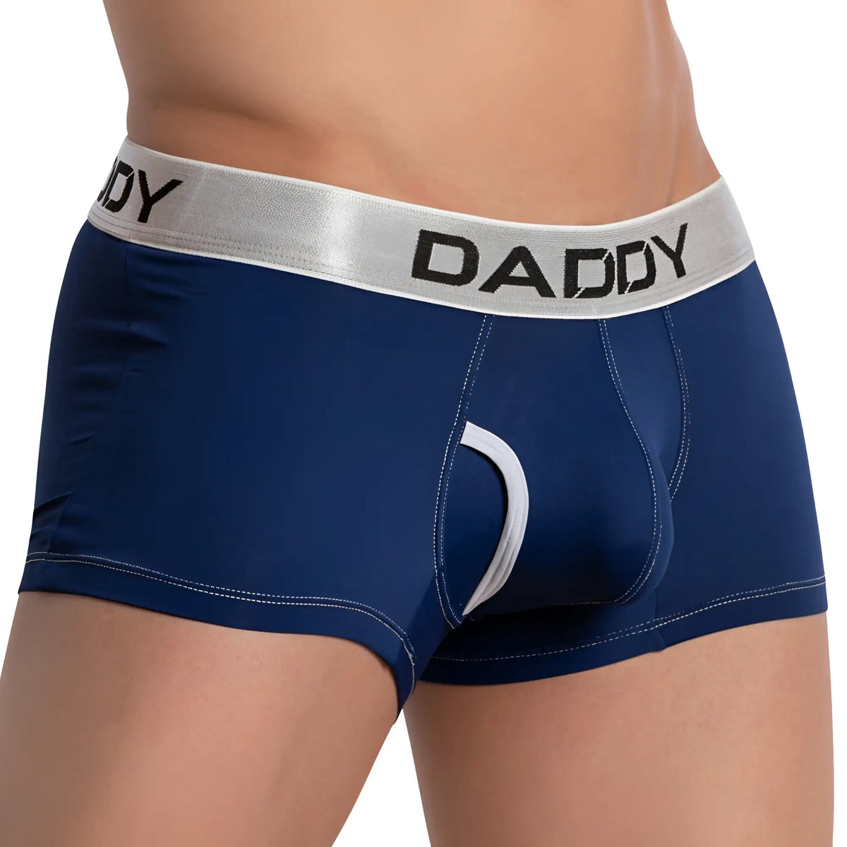 Navy blue daddy DDG014 boxer trunk with silver waistband featuring black lettering and white stitched seams