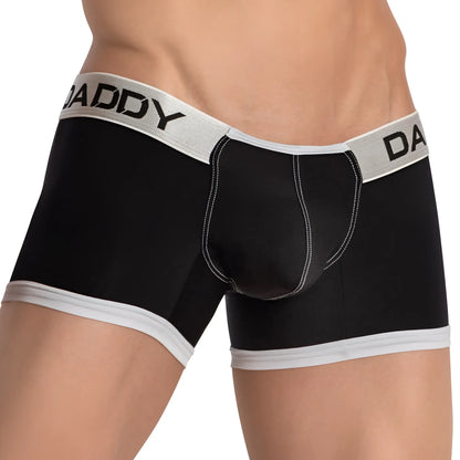Black daddy brand daddy ddg015 boxer briefs with white trim and stitching showing front side design