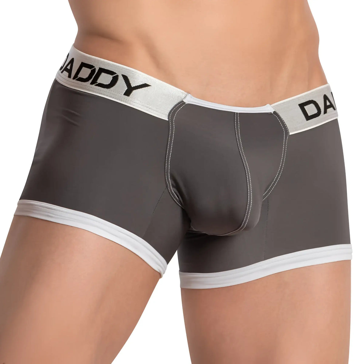 Gray daddy brand briefs with white trim and black lettering on waistband in daddy ddg015 boxer brief design