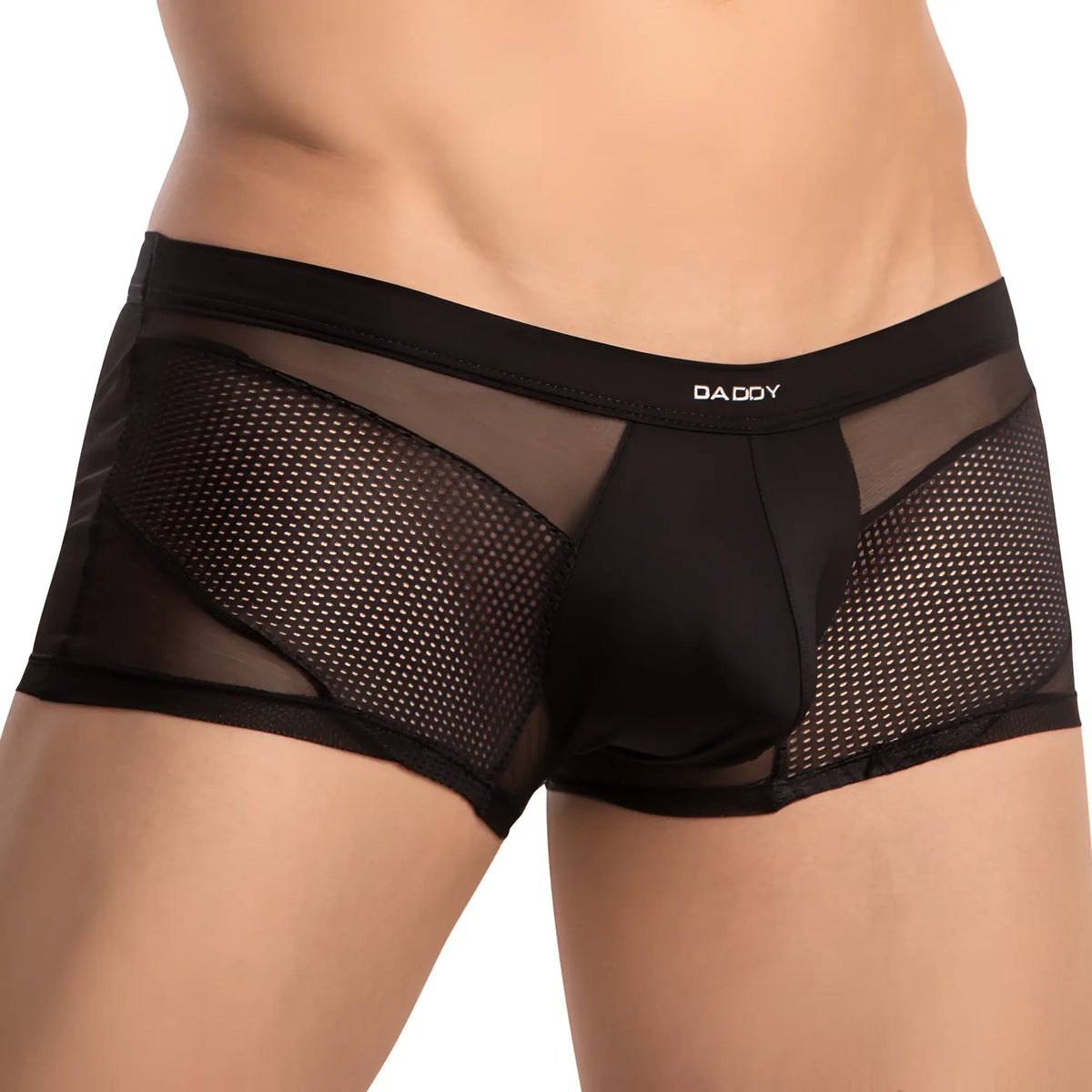Black mesh Daddy DDG017 boxer trunk briefs with a solid black waistband featuring the daddy brand name
