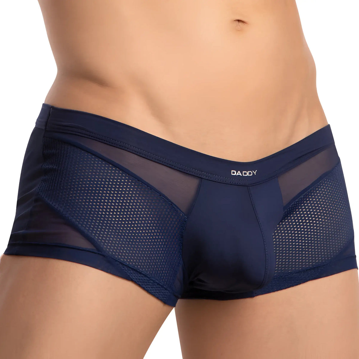 Navy blue mesh Daddy DDG017 boxer trunk briefs with solid fabric panel and embroidered Daddy waistband