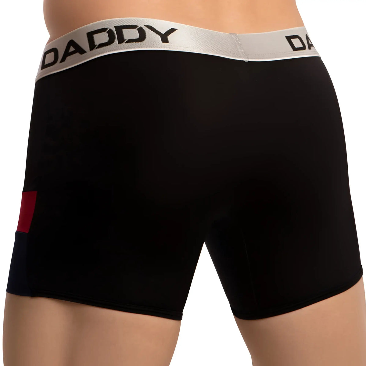 Black daddy brand boxer briefs with a silver waistband featuring daddy logo and red patch on lower left leg, Daddy DDG018