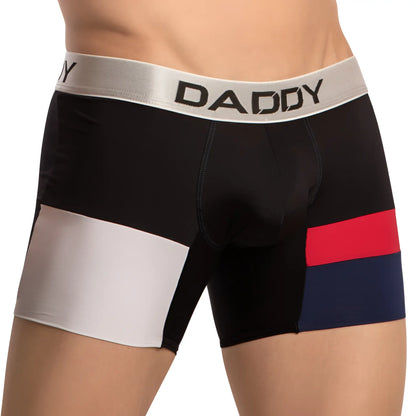 Black white and red striped menâ€™s daddy ddg018 boxer briefs with a silver waistband and bold black lettering