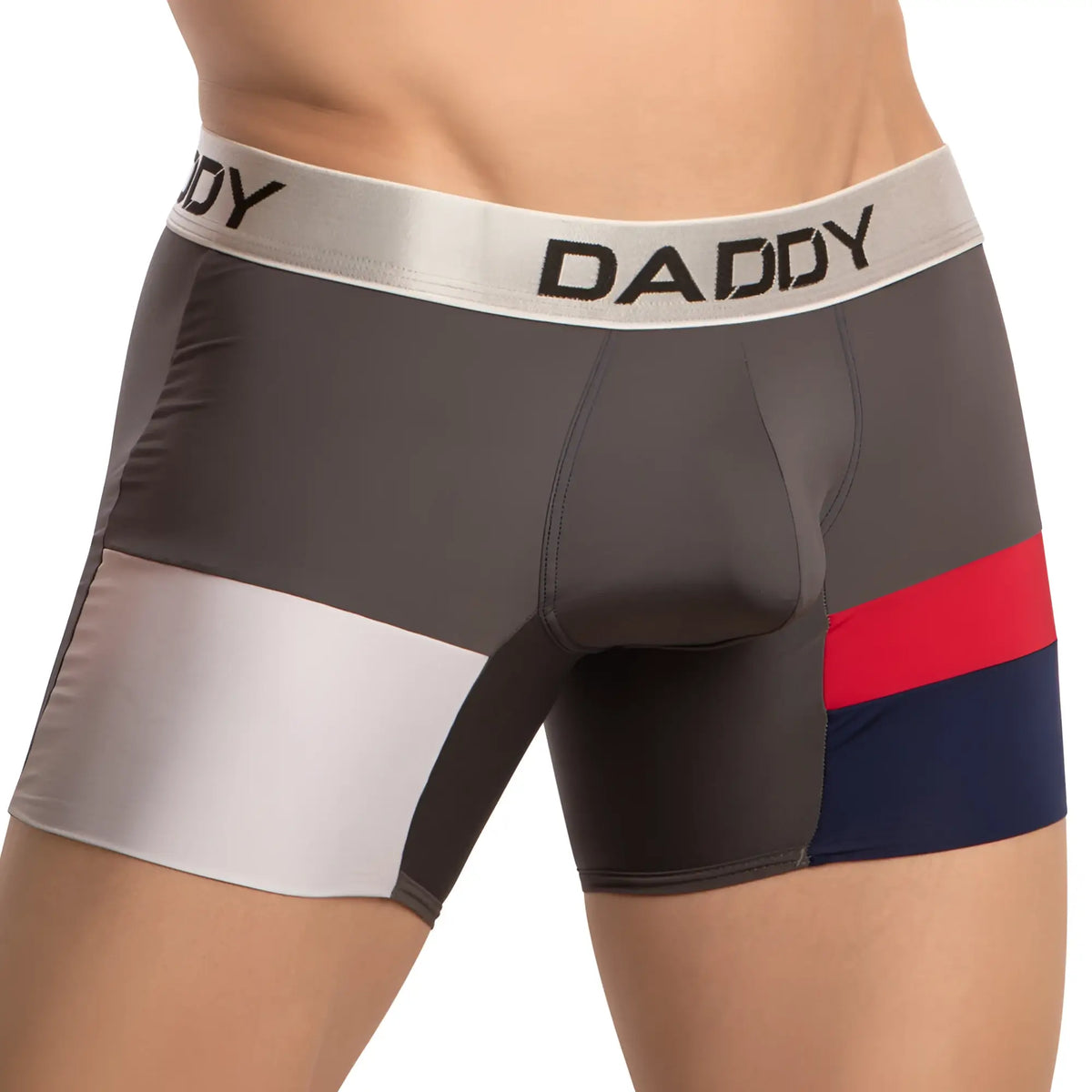 Gray red and navy blue menâ€™s daddy ddg018 boxer briefs with a silver waistband featuring black daddy lettering
