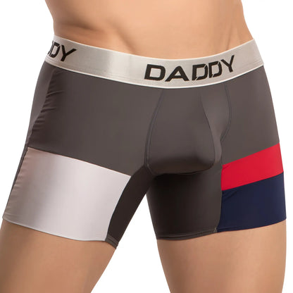 Gray red and navy blue menâ€™s daddy ddg018 boxer briefs with a silver waistband featuring black daddy lettering