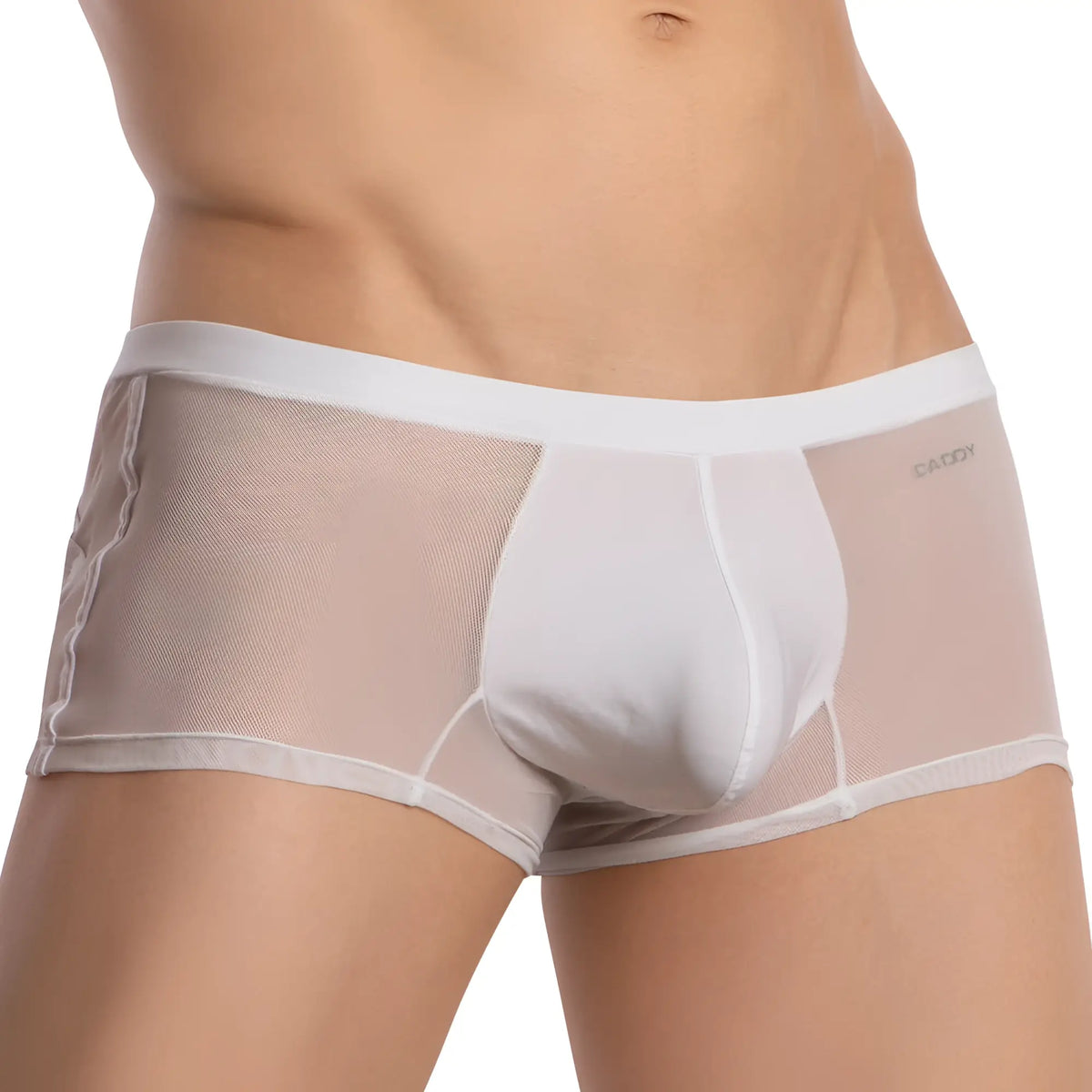 Daddy DDG019 boxer trunk white mesh briefs with solid front panel elastic waistband and saddy embroidery on side