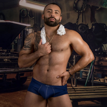 Navy blue daddy ddg020 boxer trunk briefs with white stitching and small baggy logo on waistband