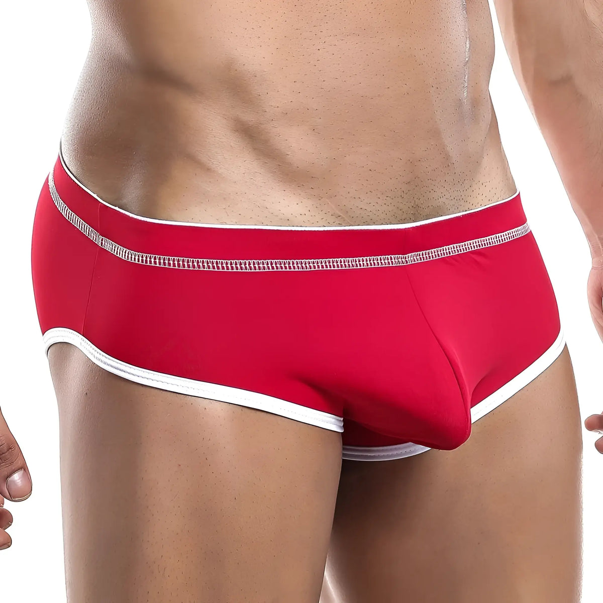 Red Daddy DDI005 bikini brief with white trim and textured stitch detail on waistband in menâ€™s briefs style