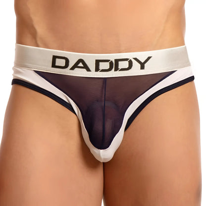 Black and white mesh thong bikini brief with bold daddy logo on waistband front view