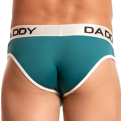 Teal daddy brand bikini briefs with white trim and waistband in breathable stretchy fabric for comfortable wear