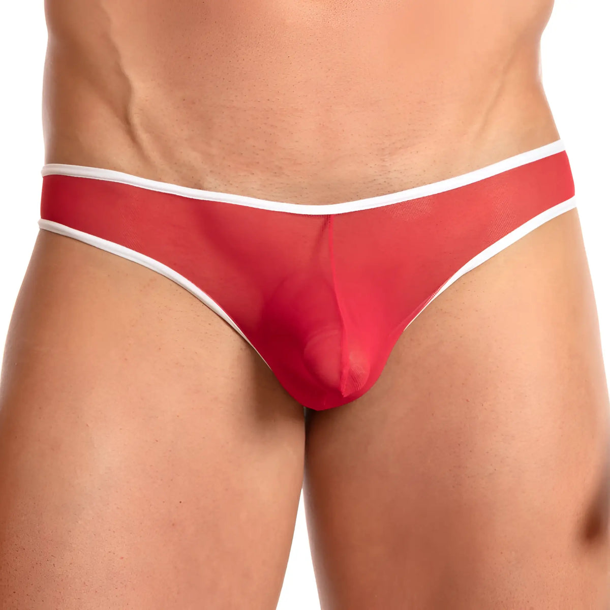 Daddy ddi013 bikini brief in red sheer mesh with white trim showing front view