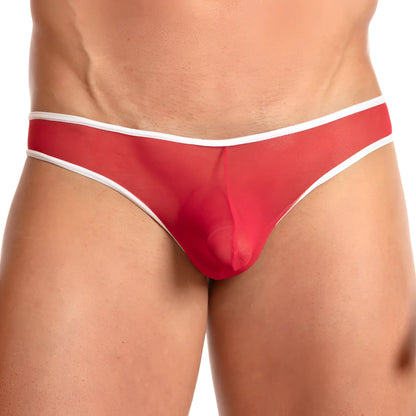 Daddy ddi013 bikini brief in red sheer mesh with white trim showing front view