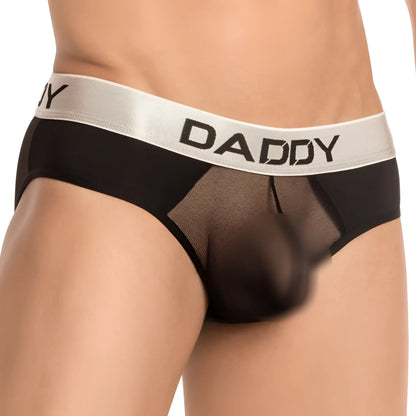 Black mesh daddy ddi015 bikini briefs with silver waistband featuring bold daddy lettering in black