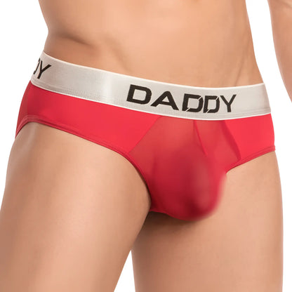 Red transparent daddy ddi015 bikini brief with white elastic waistband featuring daddy in black lettering