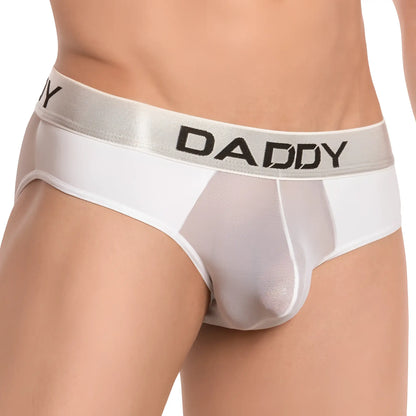 White daddy brand menâ€™s daddy ddi015 bikini brief with silver waistband and white mesh panel front view