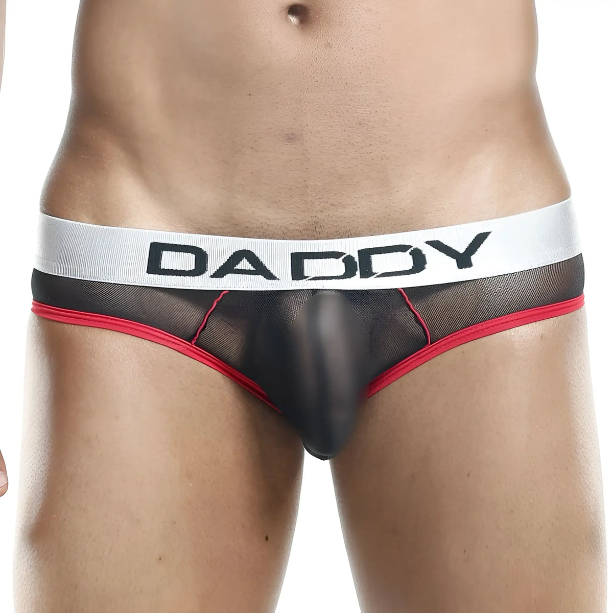 Black mesh daddy ddj001 bikini briefs with red trim and white waistband featuring bold black lettering